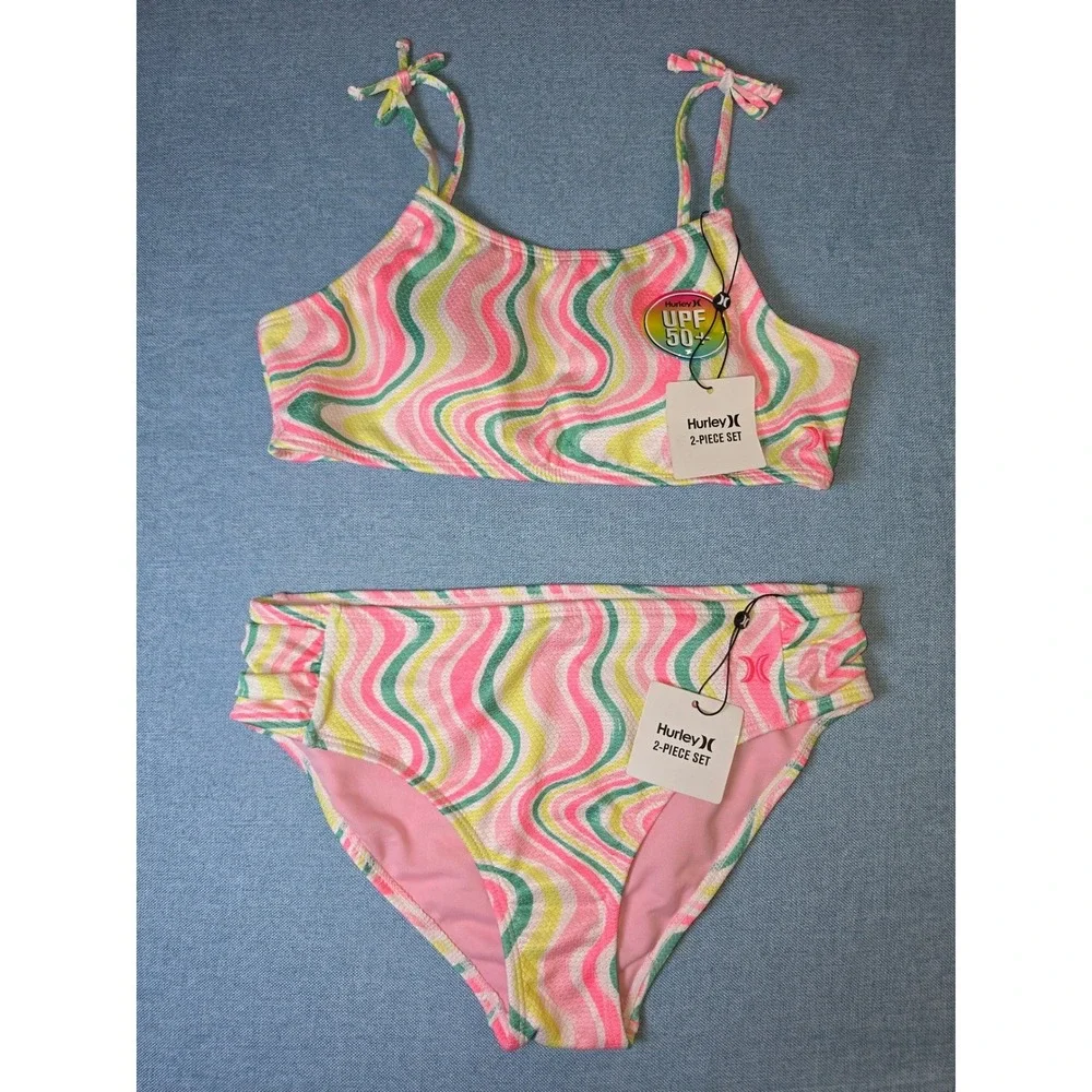 Hurley Girls 2-Piece Swimsuit Set Pink Wavy Glitter UPF 50+ Bikini Size 14 NEW